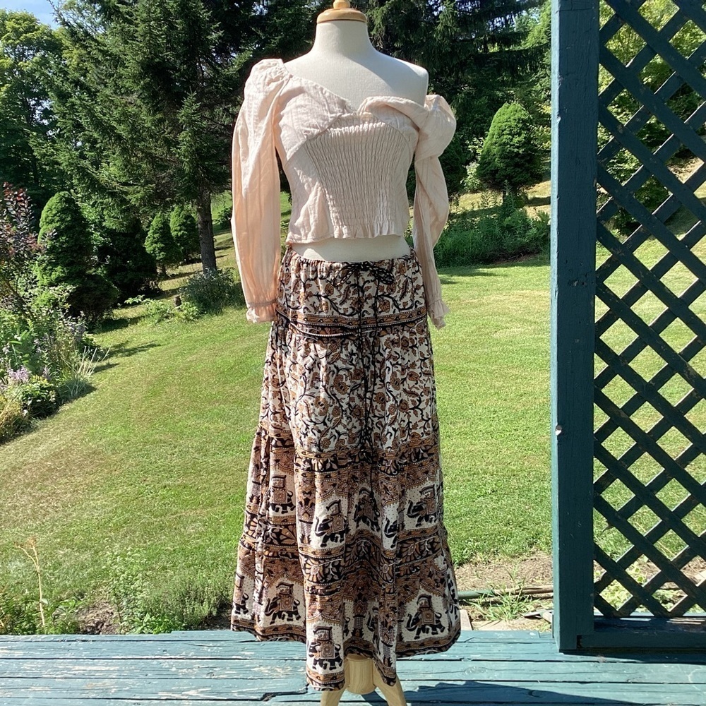 Tiered boho cottagecore upcycled bedspread elastic drawstring maxi skirt sm to L